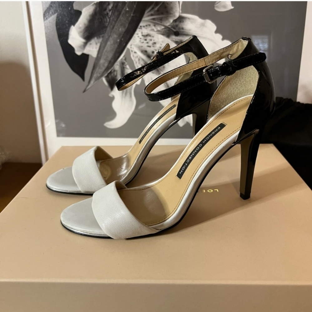 French Connection Black and White Stilletos Heels Open Toes Size 7.5